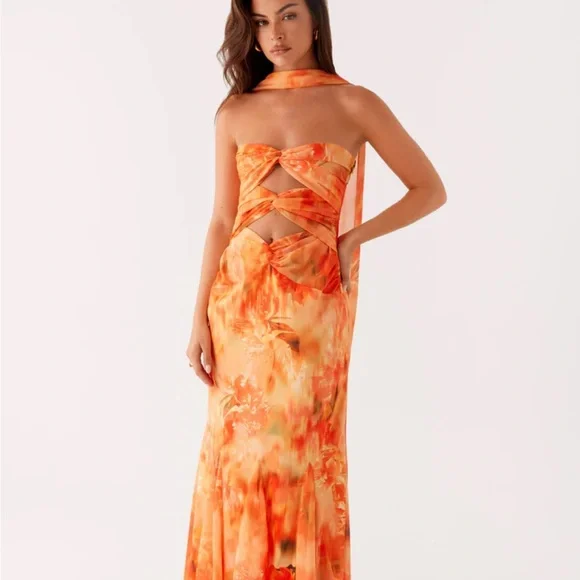 strapless open back dress Bad News Mesh Maxi Dress